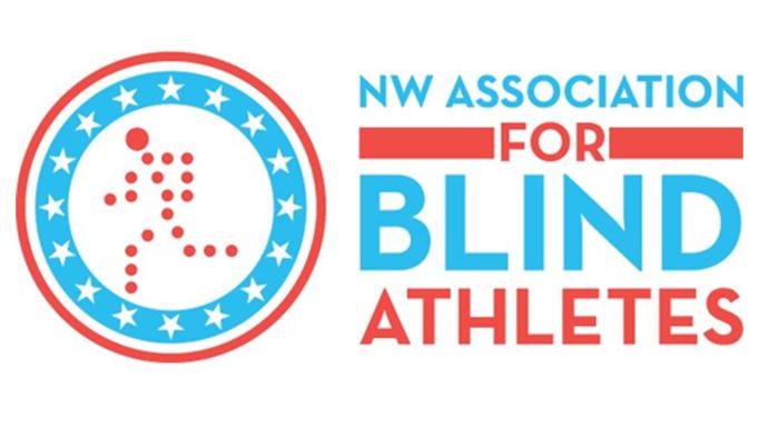 Logo of the Northwest Association for Blind Athletes. On the right is text in medium blue and light red.  On the left is a stick figure running that is comprised of light red dots in a medium blue circle decorated with white stars that is in a larger light red circle.